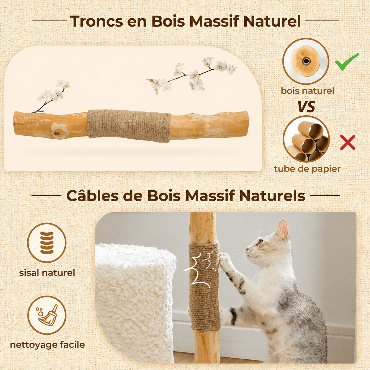 Arbre à chat en bois massif avec coussin lavable en machine