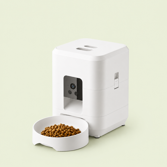 Distributeur automatique de croquettes pour chat avec caméra, coloris blanc, et gamelle remplie de croquettes