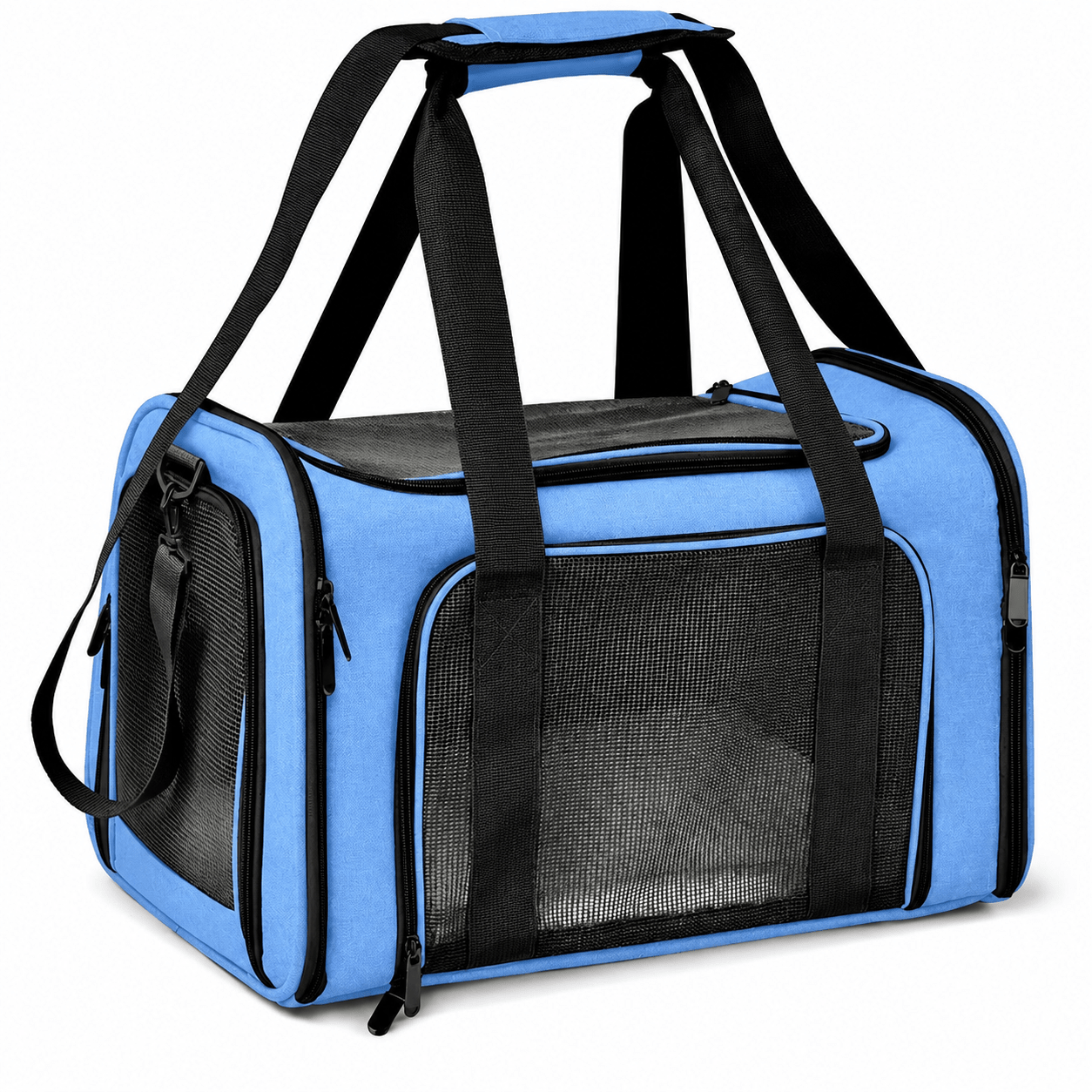Sac de transport souple pour chat coloris bleu, avec panneaux en maille et bandoulière