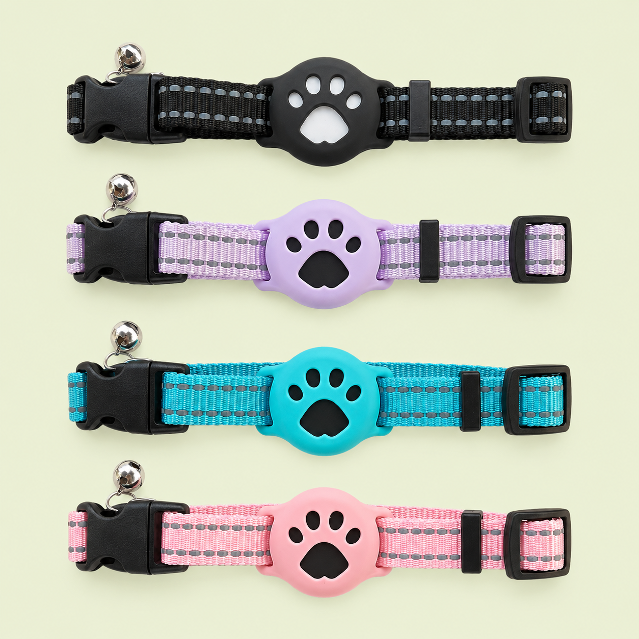Collier chat réfléchissant avec support AirTag silicone motif patte – 4 coloris : noir, lilas, turquoise et rose