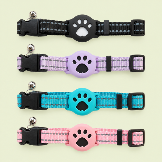 Collier chat réfléchissant avec support AirTag silicone motif patte – 4 coloris : noir, lilas, turquoise et rose