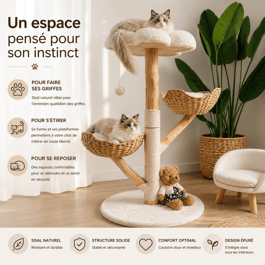 Arbre à chat en bois naturel et sisal multi-niveaux avec deux chats Ragdoll — infographie 3 usages : pour faire ses griffes, pour s'étirer, pour se reposer — sisal naturel, structure solide, confort optimal, design épuré