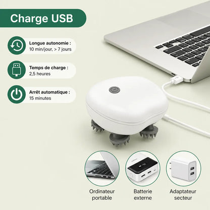 Masseur électrique blanc en charge sur un ordinateur portable par USB : autonomie 7 jours, charge 2,5 h, arrêt auto 15 min