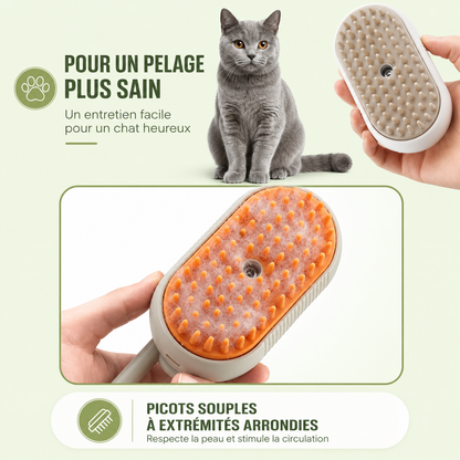 Brosse vapeur pour chat aux picots souples arrondis retenant les poils morts d'un chat gris