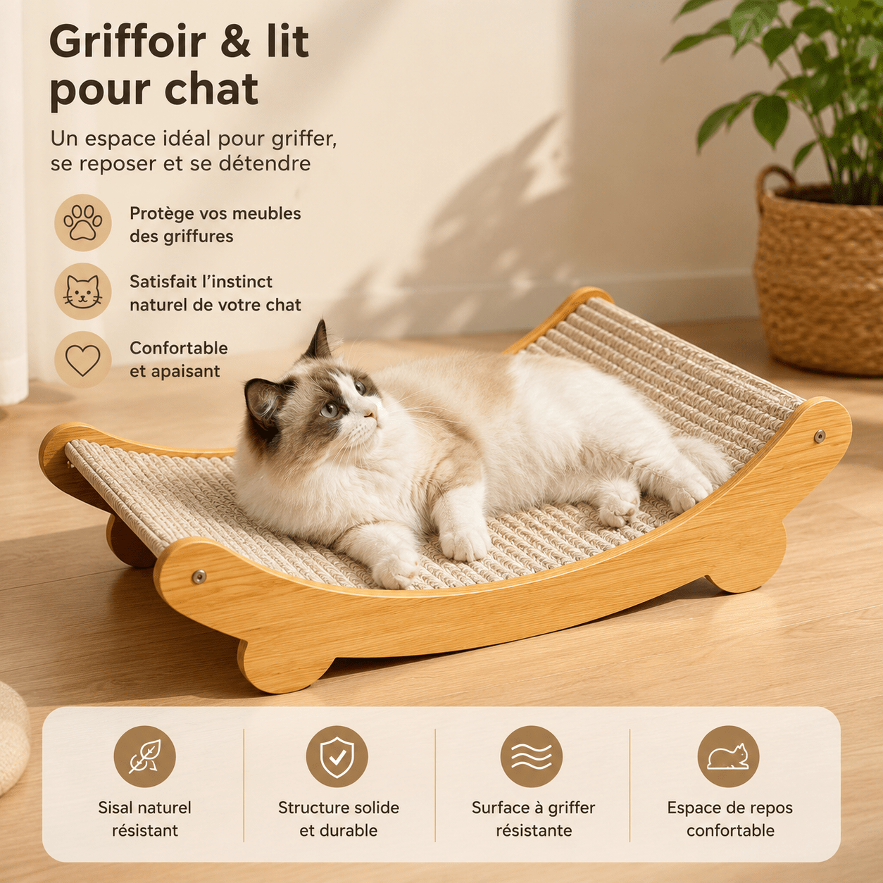 Chat Ragdoll allongé sur un griffoir lounge en sisal naturel — griffoir et lit pour chat