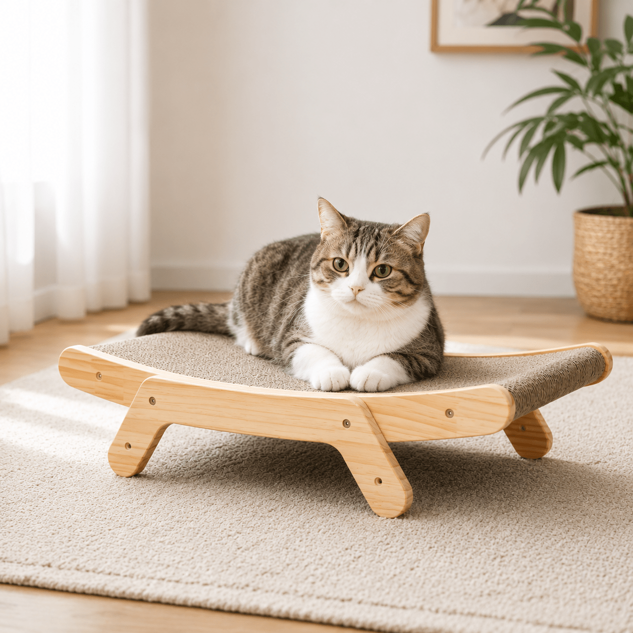 Chat tigré aux yeux verts allongé et détendu sur un griffoir lounge en bois naturel avec surface en carton ondulé
