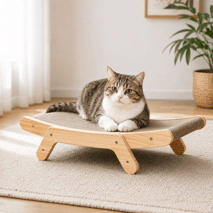 Chat tigré aux yeux verts allongé et détendu sur un griffoir lounge en bois naturel avec surface en carton ondulé
