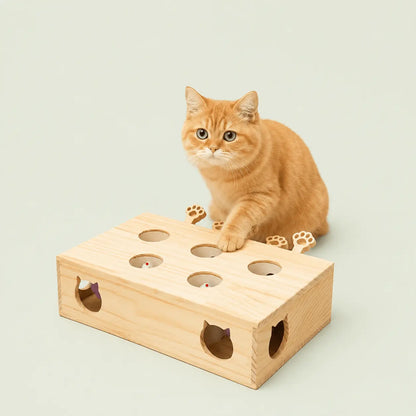 Chat roux assis devant le jouet interactif en bois à trous, la patte posée dessus
