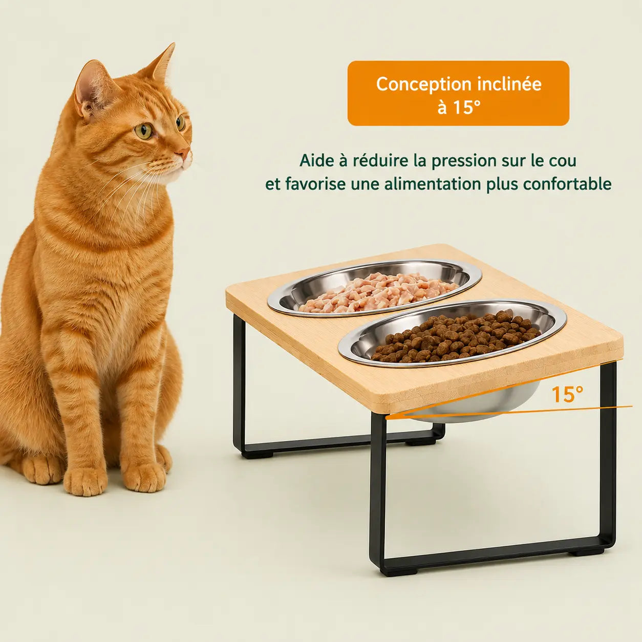 Chat roux assis près de la gamelle double surélevée en bambou à conception extra large avec bols inox conception 15 degres