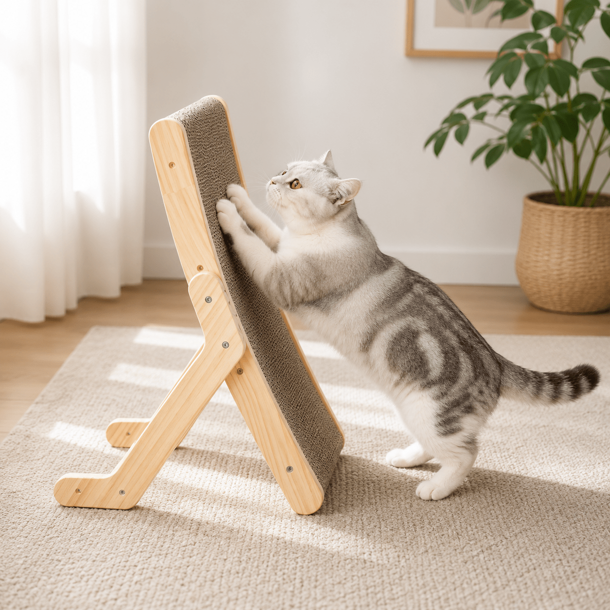 Chat blanc et gris debout griffant un griffoir incliné en bois naturel, dans un salon ensoleillé avec plante verte