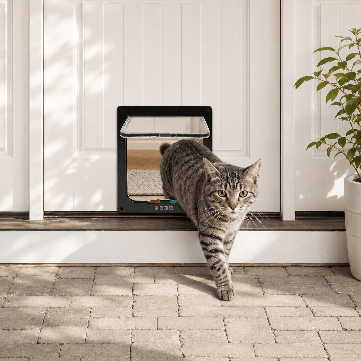 Chat passant par une chatière installée en bas d'une porte blanche