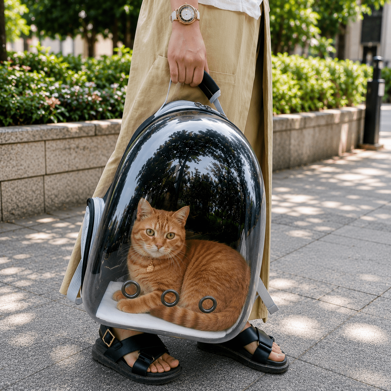 Chat roux installé dans le sac à dos bulle transparent, porté à la main lors d'une balade en ville
