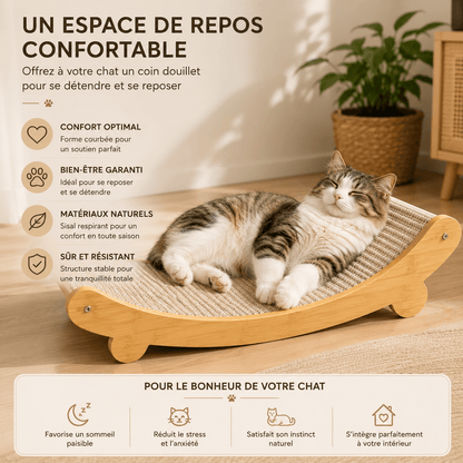 Chat tigré à poils mi-longs endormi sur un griffoir lounge en sisal naturel sur socle en bois dans un salon lumineux — confort optimal, bien-être garanti, matériaux naturels