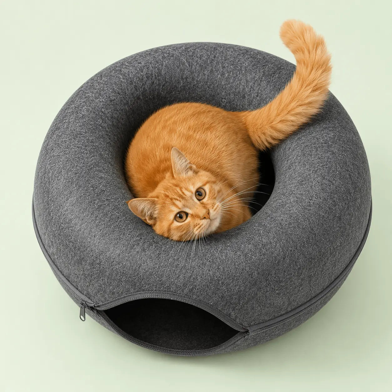 Chat roux lové en boule dans le nid d'un lit-tunnel donut en feutre gris, vu de dessus