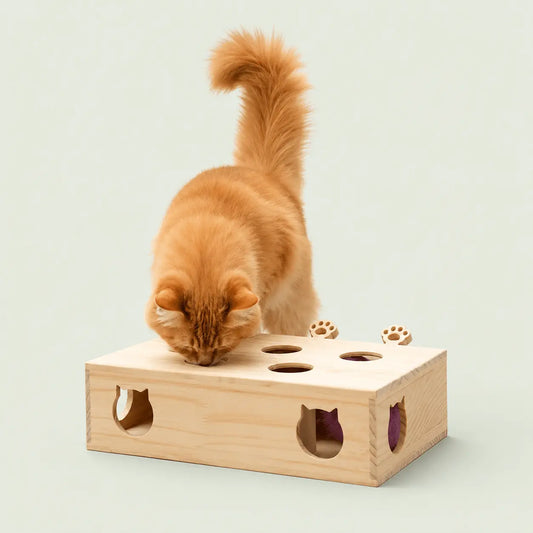 Chat roux penché sur le jouet interactif en bois pour chat, museau au-dessus des trous