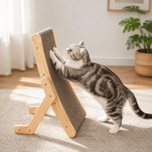 Chat tigré debout griffant un griffoir incliné en bois naturel avec surface en carton ondulé, dans un salon lumineux