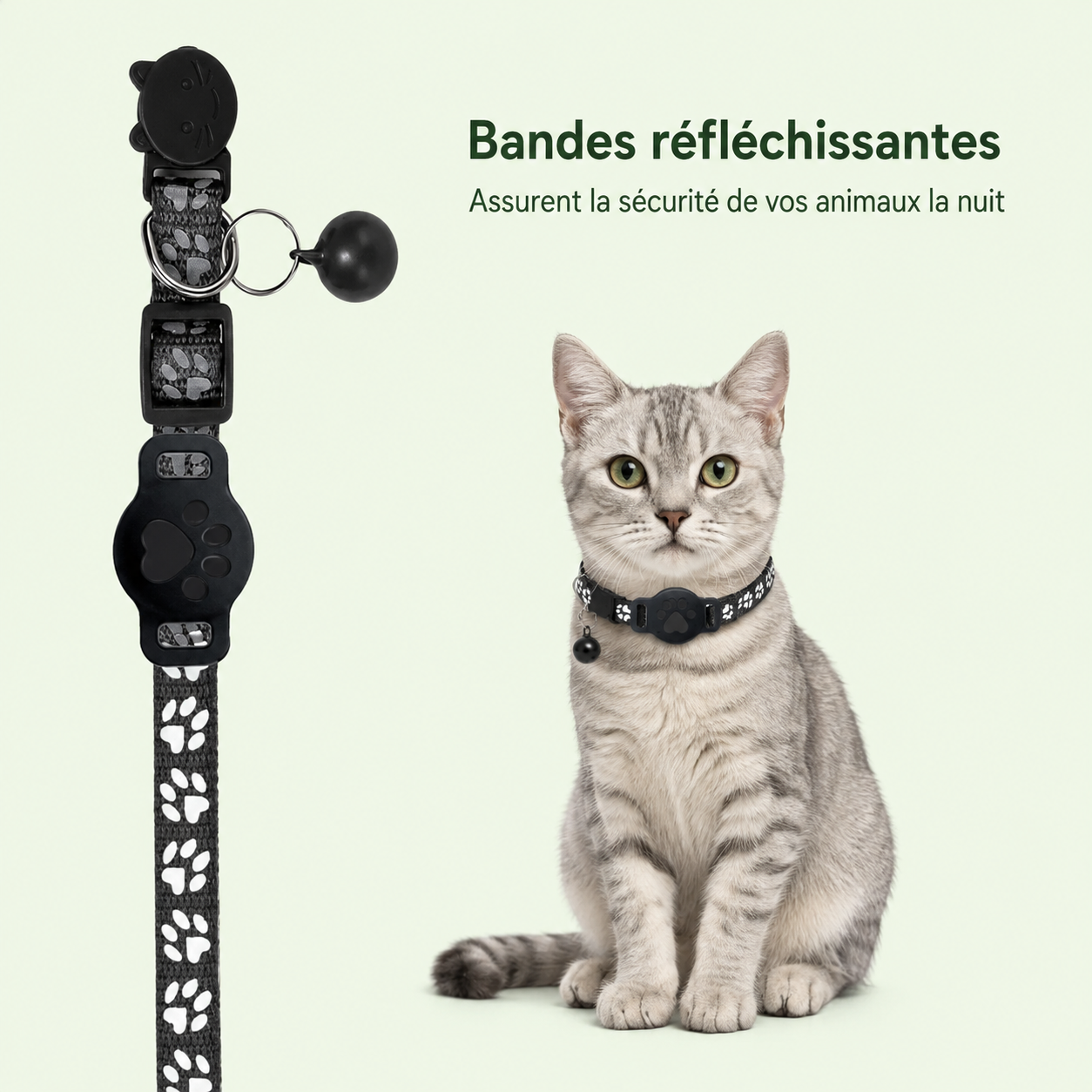 Collier chat noir bandes réfléchissantes avec support AirTag – sécurité nocturne pour chat