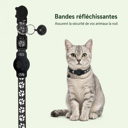 Collier chat noir bandes réfléchissantes avec support AirTag – sécurité nocturne pour chat