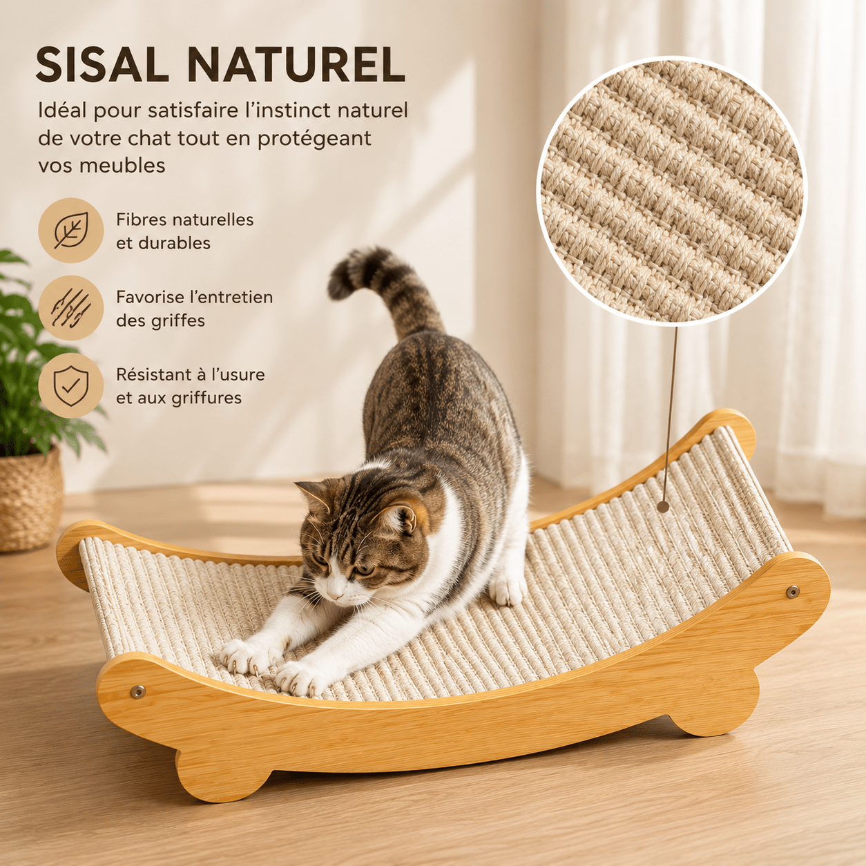 Chat tigré debout s'étirant sur un griffoir lounge en sisal naturel sur socle en bois — infographie sisal naturel : fibres durables, entretien des griffes, résistance à l'usure