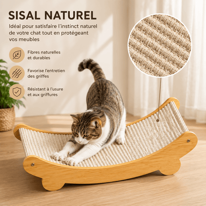 Chat tigré debout s'étirant sur un griffoir lounge en sisal naturel sur socle en bois — infographie sisal naturel : fibres durables, entretien des griffes, résistance à l'usure