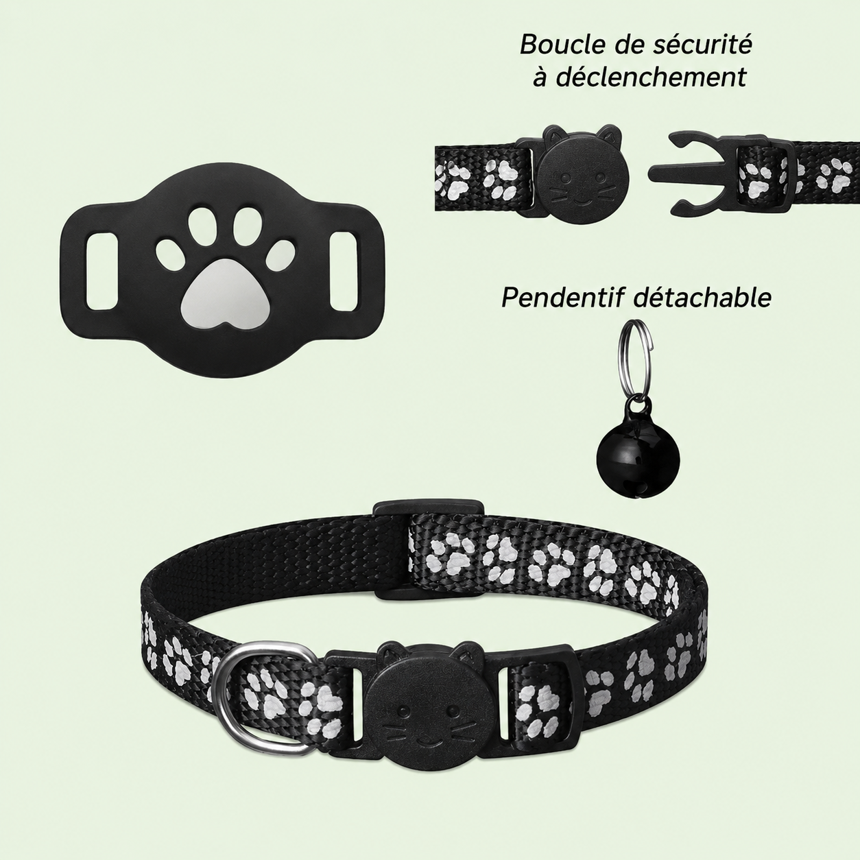Collier chat noir motif pattes avec support AirTag, boucle sécurité à déclenchement et pendentif détachable