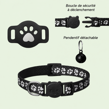 Collier chat noir motif pattes avec support AirTag, boucle sécurité à déclenchement et pendentif détachable