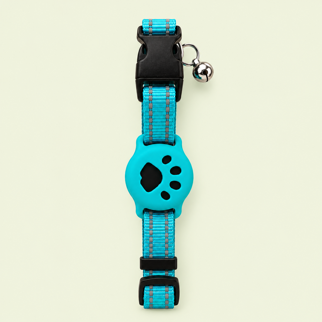 Collier chat réfléchissant turquoise avec support AirTag silicone motif patte et cloche argentée