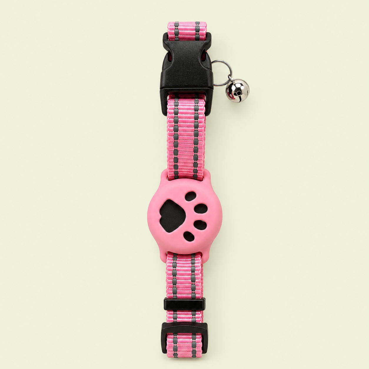 Collier chat réfléchissant rose avec support AirTag silicone motif patte et cloche argentée