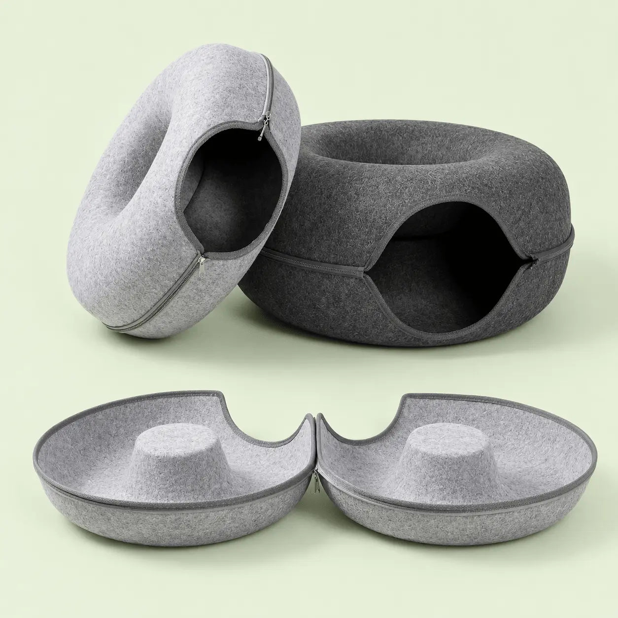 Lits-tunnels donut pour chat en feutre gris clair et gris foncé, dont un ouvert en deux par la fermeture éclair