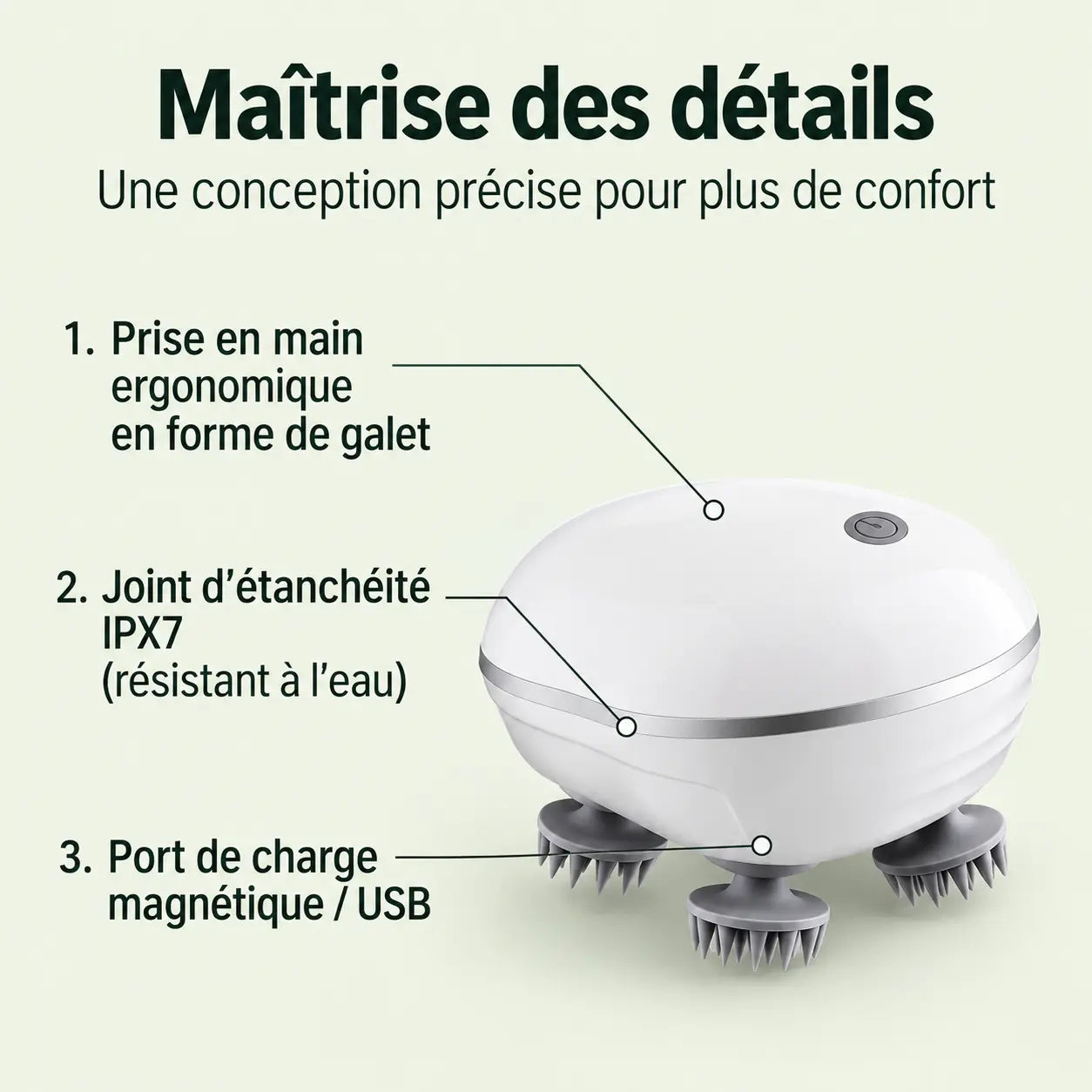 Infographie du masseur électrique : prise en main ergonomique en galet, étanchéité IPX7, port de charge magnétique USB
