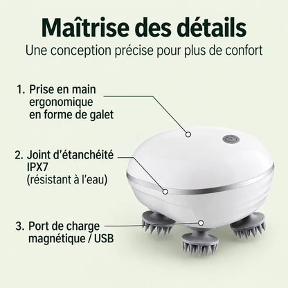 Infographie du masseur électrique : prise en main ergonomique en galet, étanchéité IPX7, port de charge magnétique USB