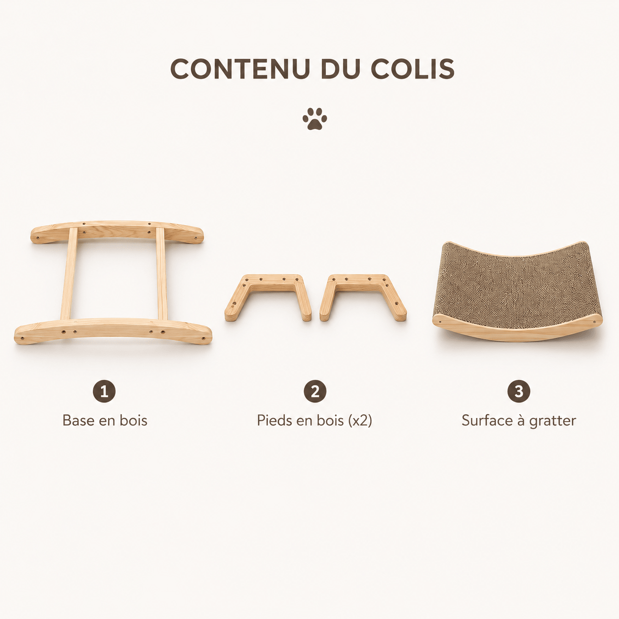 Infographie contenu du colis griffoir lounge : base en bois, 2 pieds en bois et surface à gratter en carton ondulé