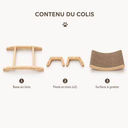 Infographie contenu du colis griffoir lounge : base en bois, 2 pieds en bois et surface à gratter en carton ondulé