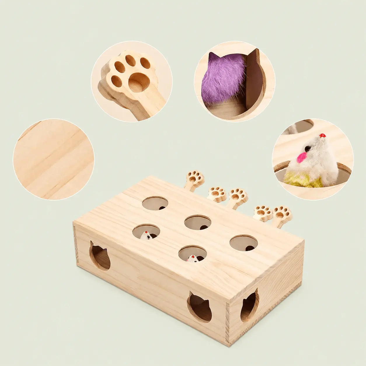 Jouet interactif en bois pour chat avec zooms sur les trous en patte, l'ouverture tête de chat et les souris en peluche