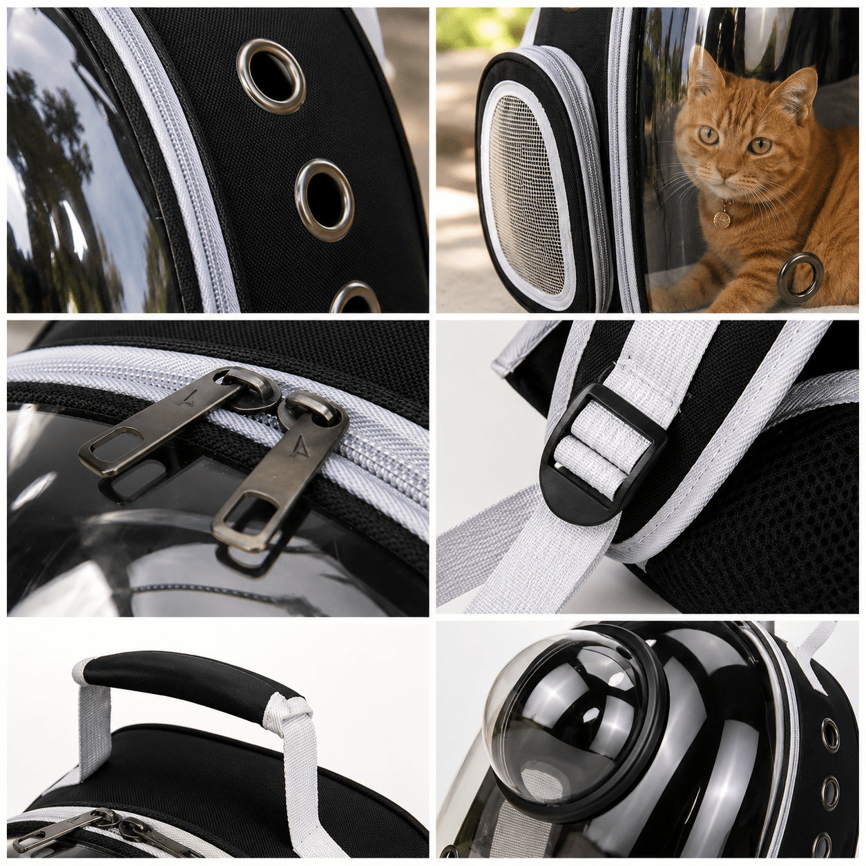 Détails du sac à dos bulle pour chat : œillets d'aération, maille respirante, fermetures éclair, sangle réglable, poignée et hublot