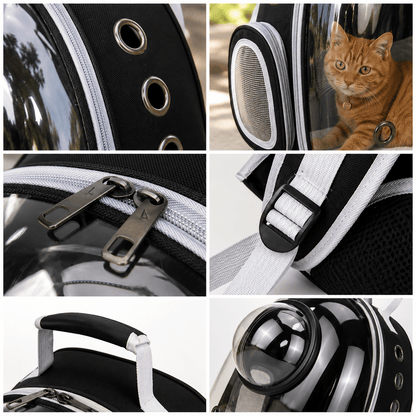 Détails du sac à dos bulle pour chat : œillets d'aération, maille respirante, fermetures éclair, sangle réglable, poignée et hublot