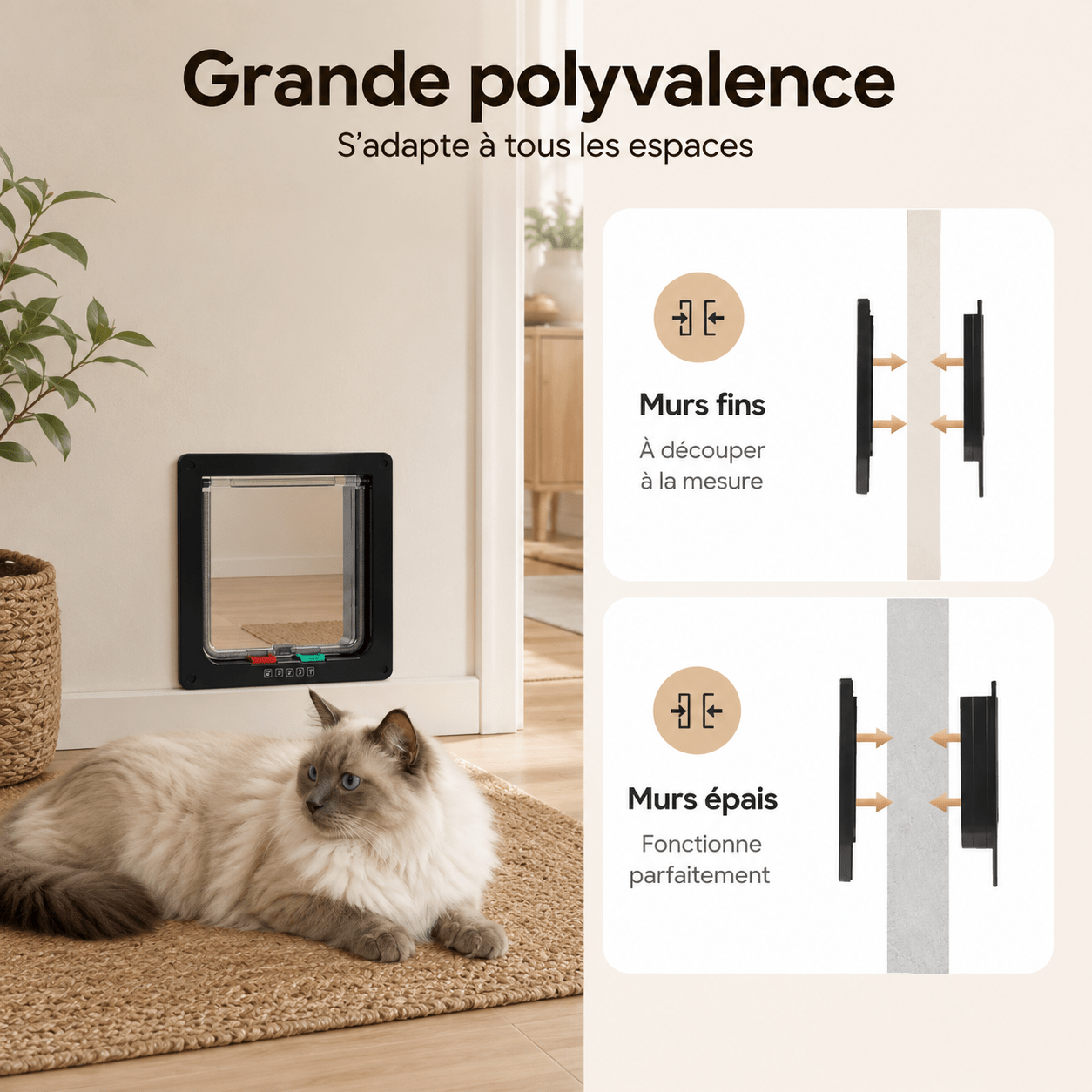 Détail cadre et battant chatière en ABS blanc – fixation par vis