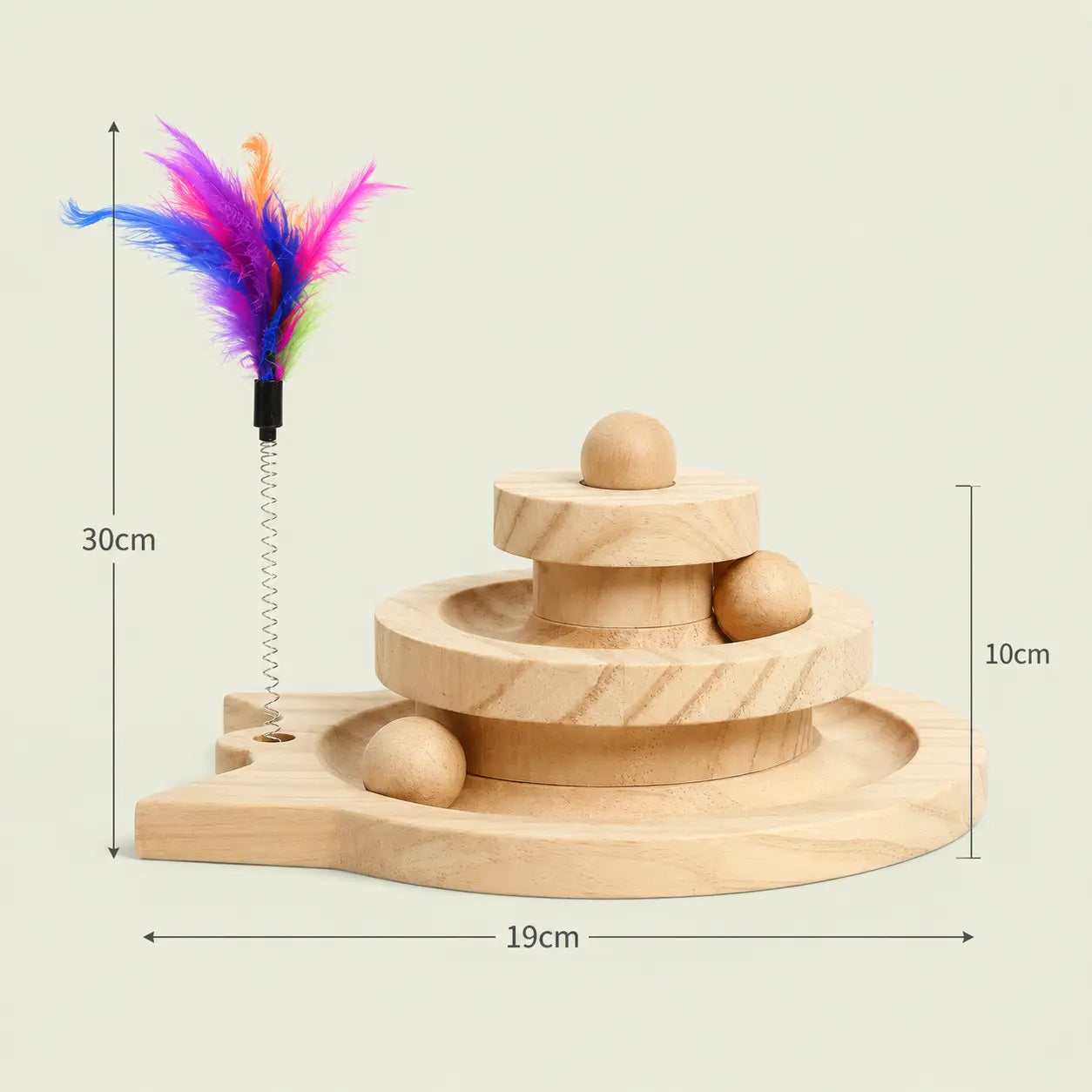 Dimensions de la tour de jeu en bois pour chat : 30, 19 et 10 cm, plumeau multicolore