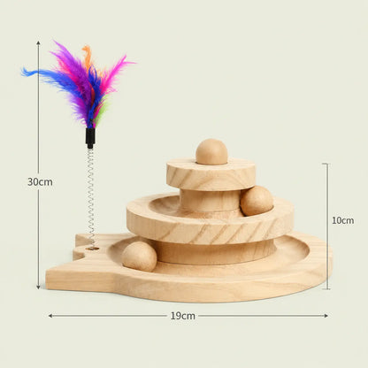 Dimensions de la tour de jeu en bois pour chat : 30, 19 et 10 cm, plumeau multicolore