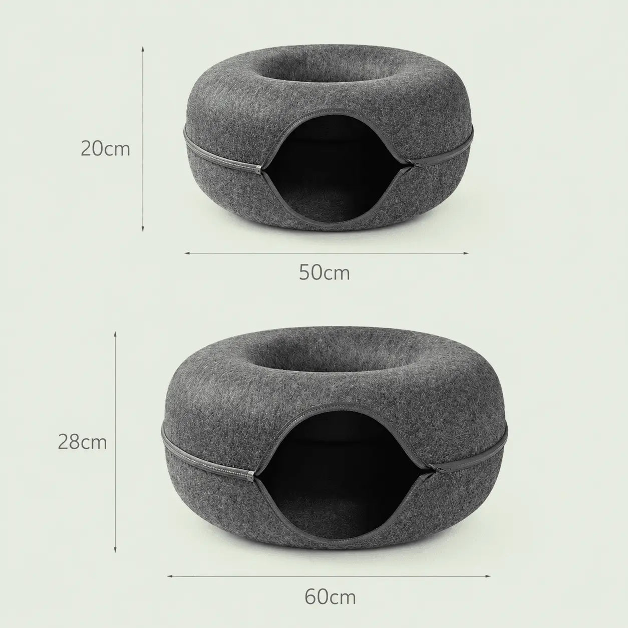 Dimensions du lit-tunnel donut pour chat : 50 × 20 cm (petit modèle) et 60 × 28 cm (grand modèle)