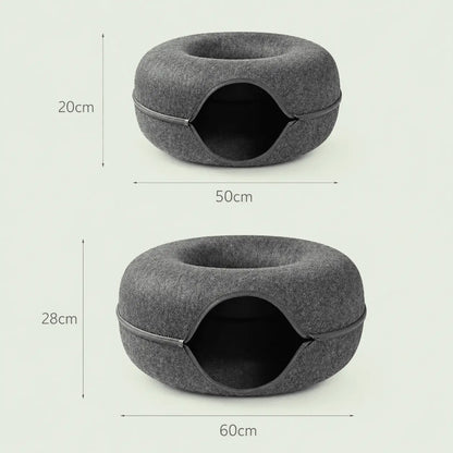 Dimensions du lit-tunnel donut pour chat : 50 × 20 cm (petit modèle) et 60 × 28 cm (grand modèle)