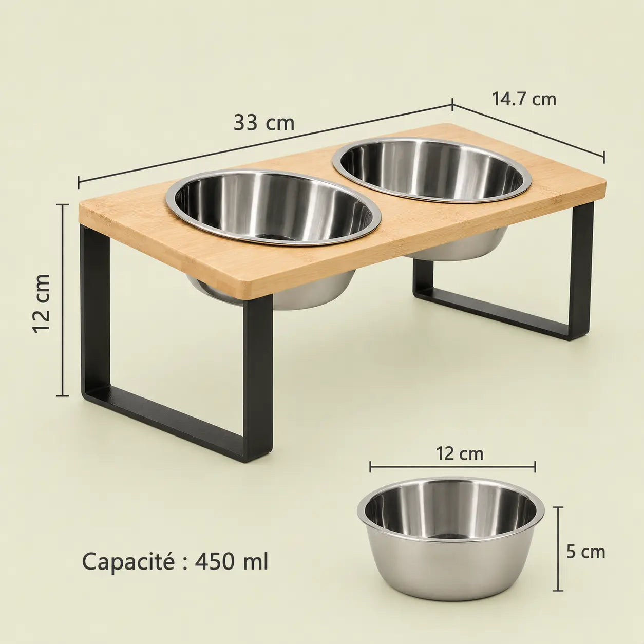 Dimensions de la gamelle surélevée : plateau 33 × 14,7 cm, hauteur 12 cm, bol Ø 12 × 5 cm, capacité 450 ml
