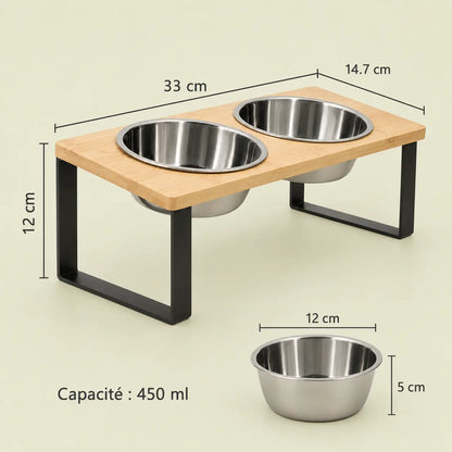 Dimensions de la gamelle surélevée : plateau 33 × 14,7 cm, hauteur 12 cm, bol Ø 12 × 5 cm, capacité 450 ml