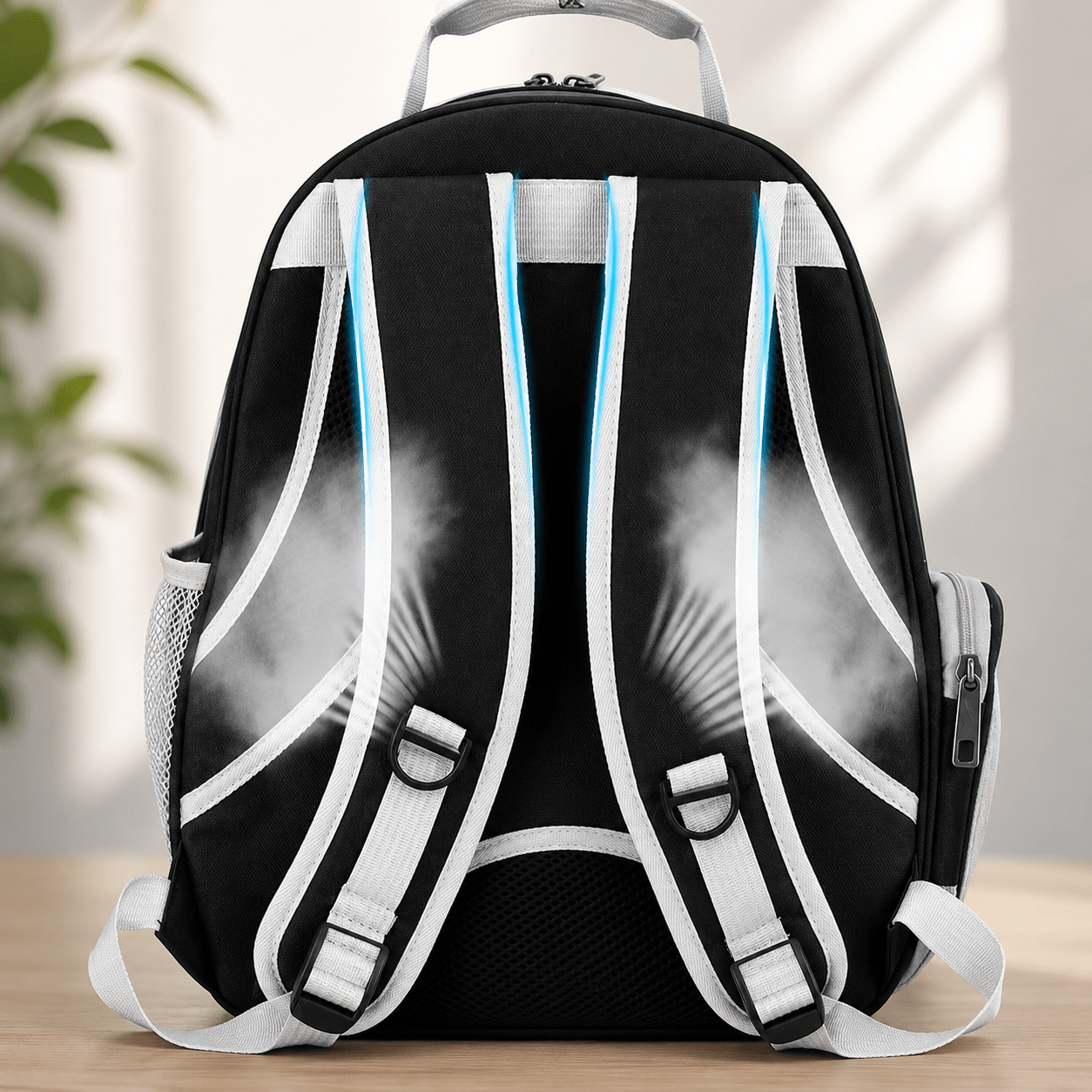 Vue arrière du sac à dos pour chat avec bretelles rembourrées et dos aéré (schéma de circulation d'air)