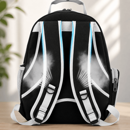 Vue arrière du sac à dos pour chat avec bretelles rembourrées et dos aéré (schéma de circulation d'air)