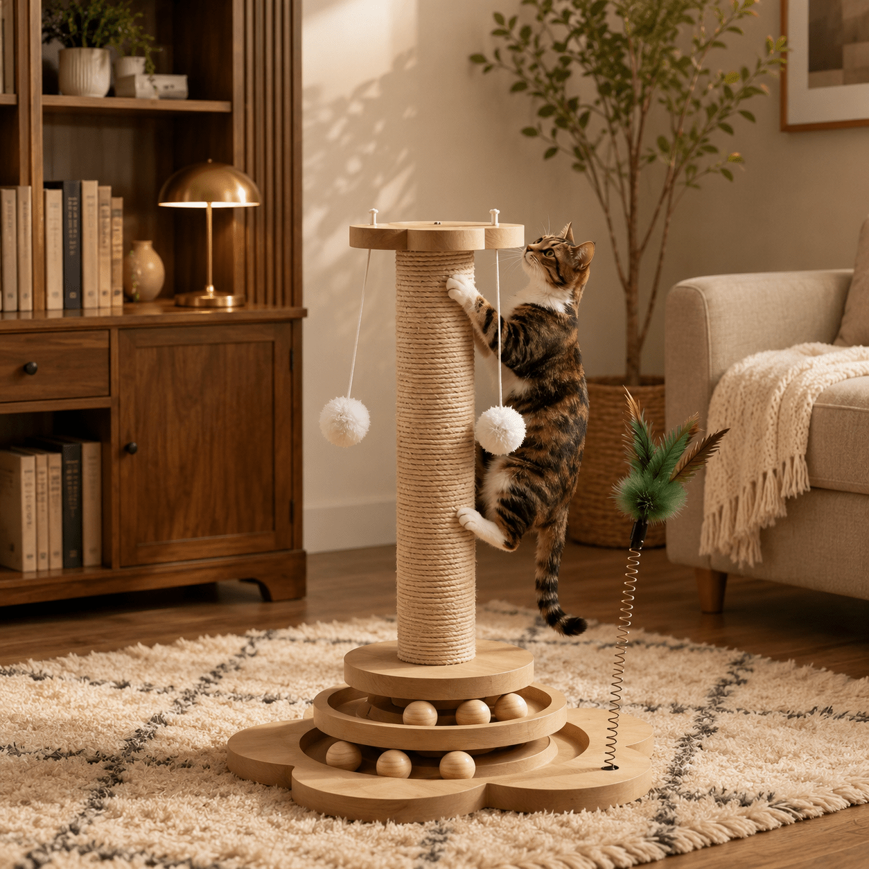 Chat Bengal tigré debout griffant une colonne en sisal avec balles suspendues et plume à ressort, base en bois multi-niveaux avec billes, dans un salon chaleureux avec bibliothèque en bois et lampe dorée