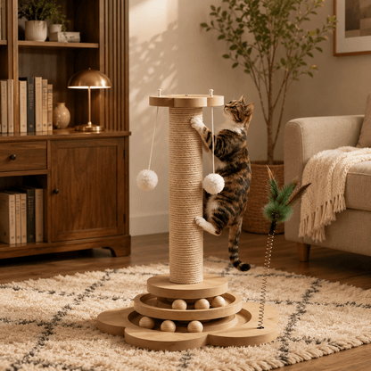Chat Bengal tigré debout griffant une colonne en sisal avec balles suspendues et plume à ressort, base en bois multi-niveaux avec billes, dans un salon chaleureux avec bibliothèque en bois et lampe dorée