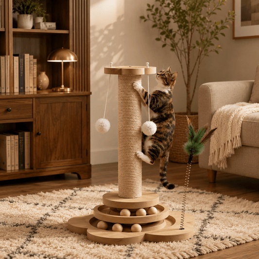Chat Bengal tigré debout griffant une colonne en sisal avec balles suspendues et plume à ressort, base en bois multi-niveaux avec billes, dans un salon chaleureux avec bibliothèque en bois et lampe dorée