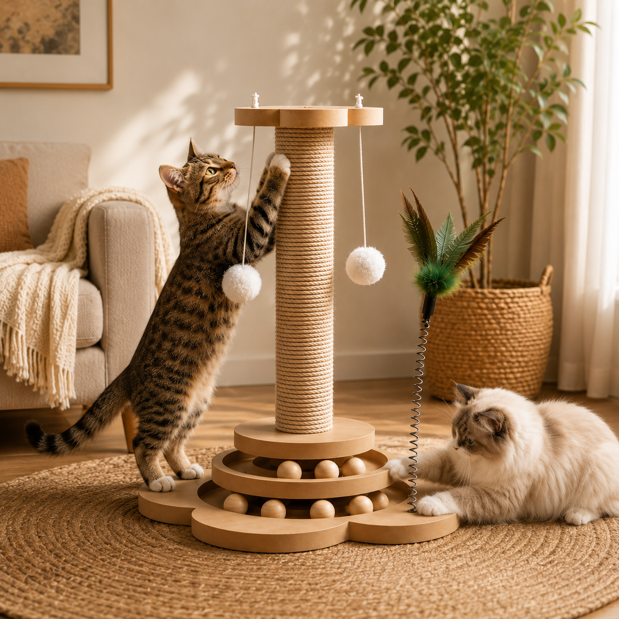 Chat tigré debout griffant une colonne en sisal avec balles suspendues et plume à ressort, chat Ragdoll assis jouant avec les billes de la base en bois multi-niveaux, dans un salon lumineux