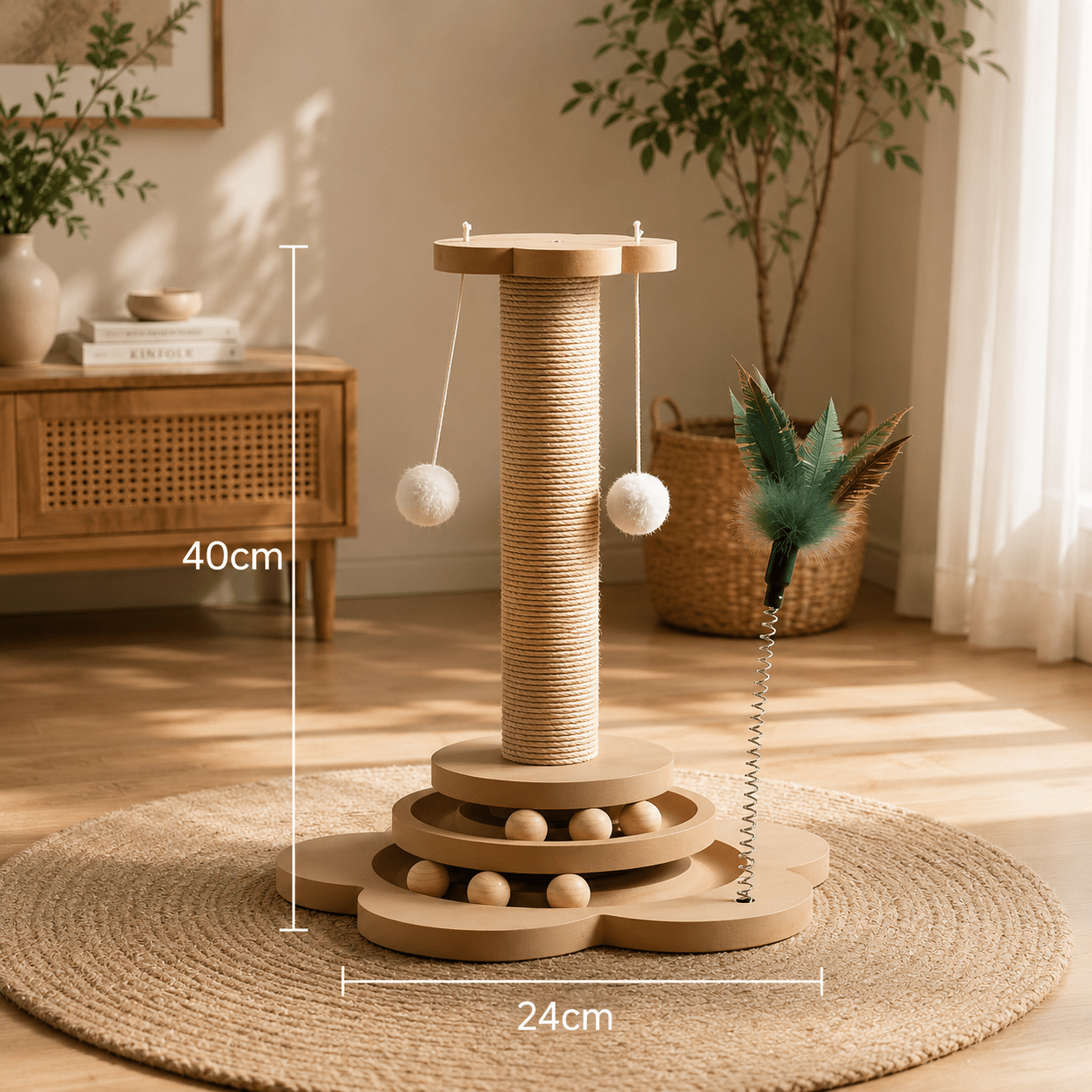 Griffoir colonne en sisal naturel avec balles suspendues et plume à ressort, base en bois multi-niveaux avec billes — dimensions indiquées : hauteur 40 cm, largeur base 24 cm, dans un salon lumineux